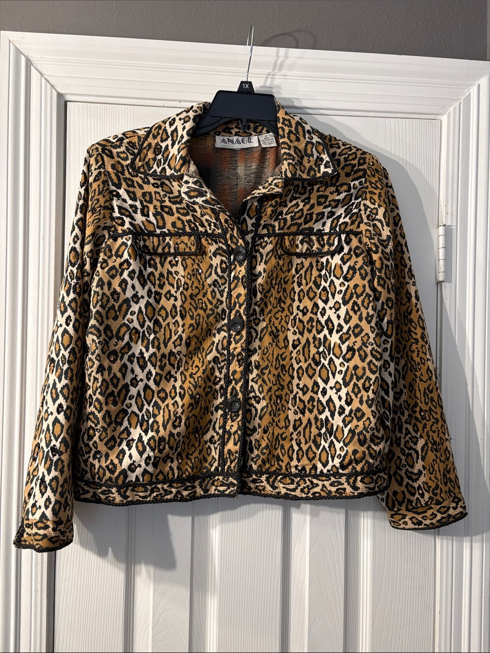 Vintage Anage Leopard-Print Jacket Embellished 80s 90s Size M